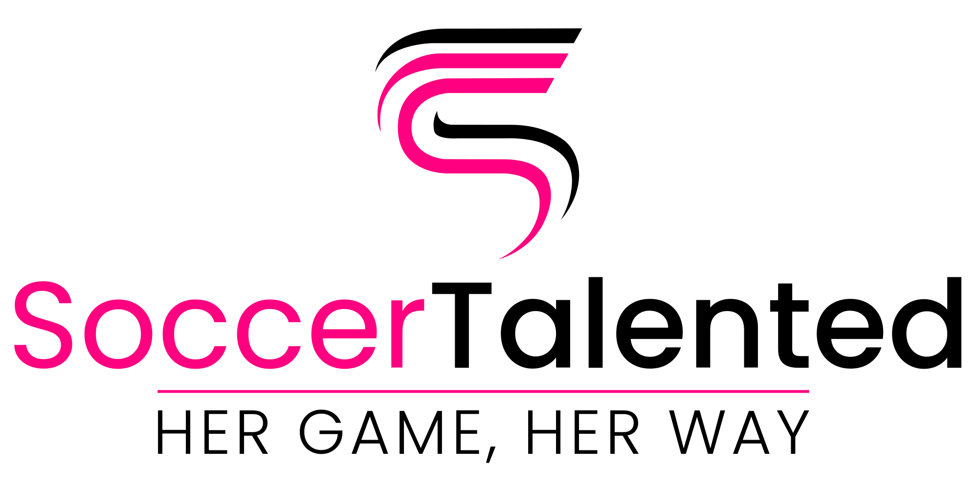 Soccer Talented logo, word 'Soccer' in pink, 'Talented' in black, tagline 'Her Game, Her Way' in black underneath.