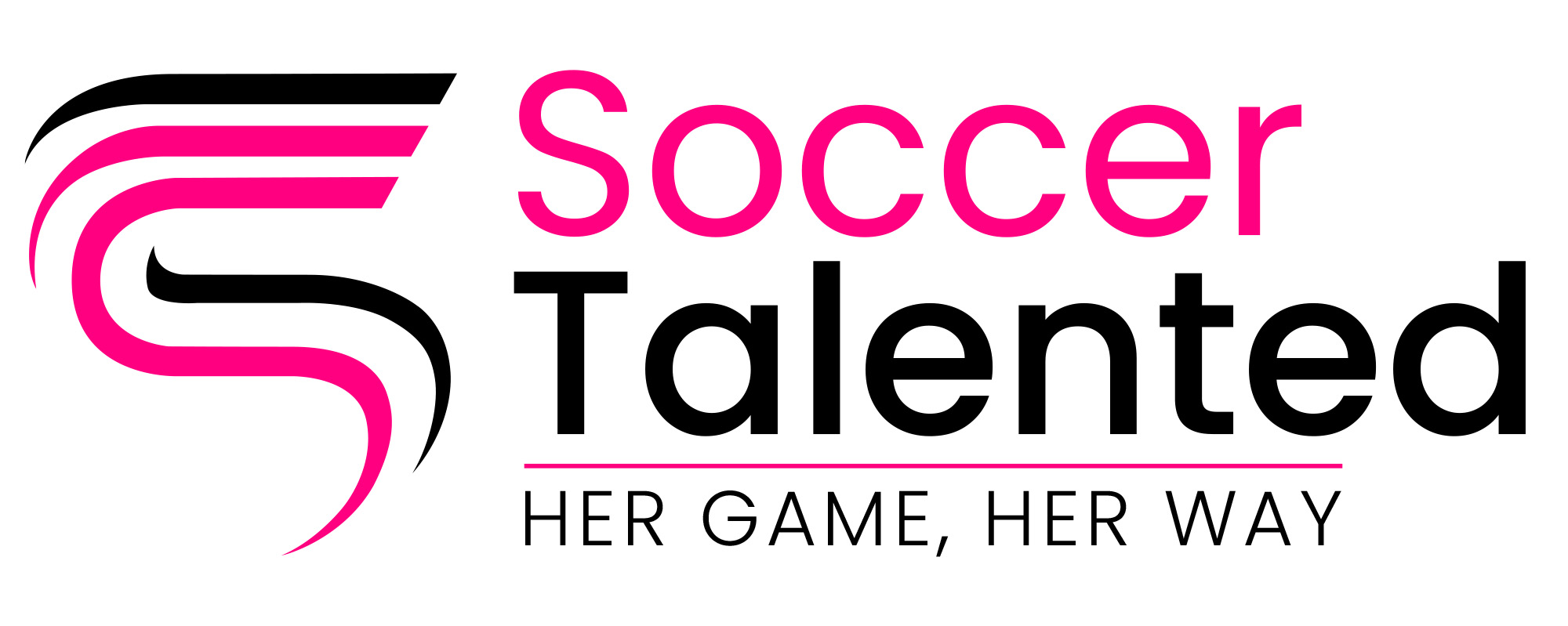 Soccer Talented logo, word 'Soccer' in pink, 'Talented' in black, tagline 'Her Game, Her Way' in black underneath.
