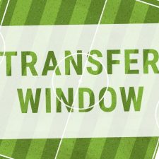 The words "Transfer Window" superimposed above a fake soccer field