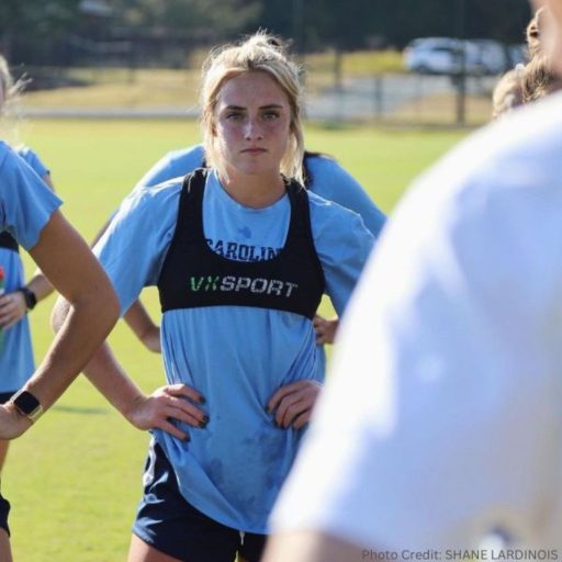 UNC Soccer Player looking intense during training session.